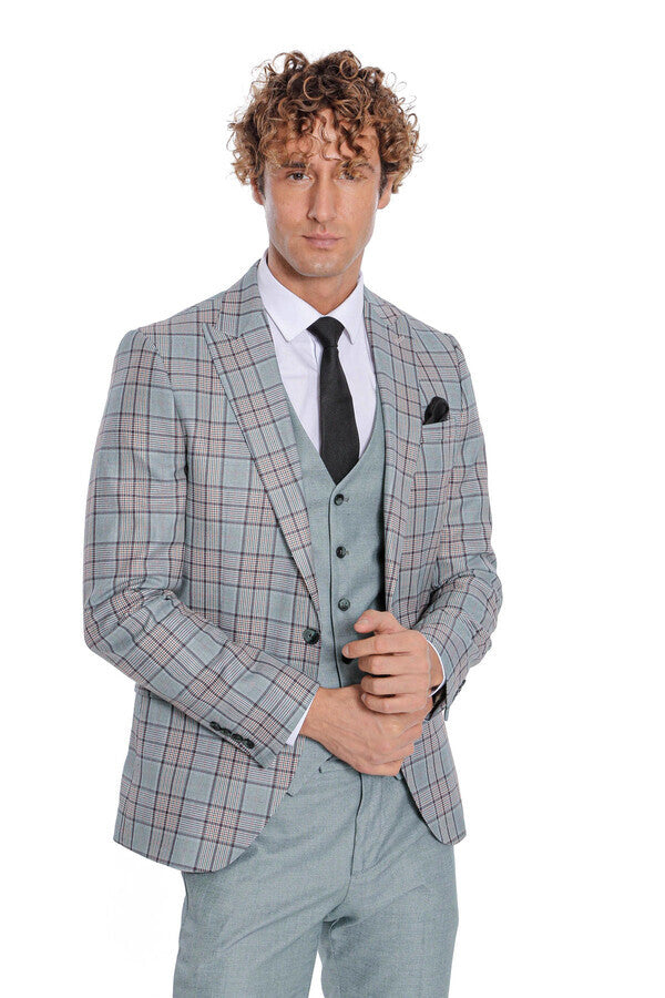 WSS Checked Slim Fit Light Green Men Suit  - Stevenage