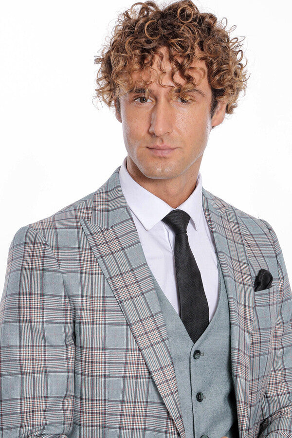 WSS Checked Slim Fit Light Green Men Suit  - Stevenage