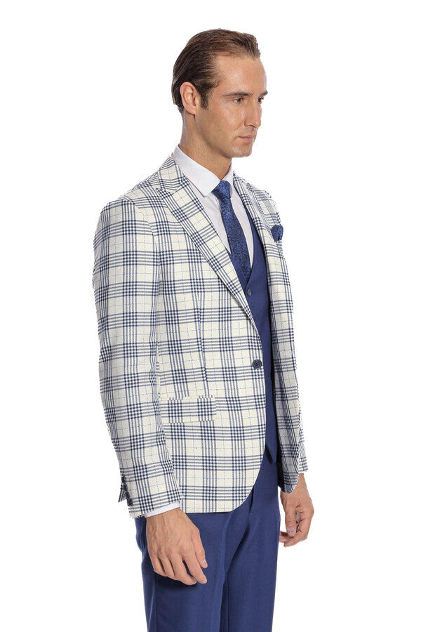WSS Checked Slim Fit Navy Blue Men Suit  - Angra do Heroísmo