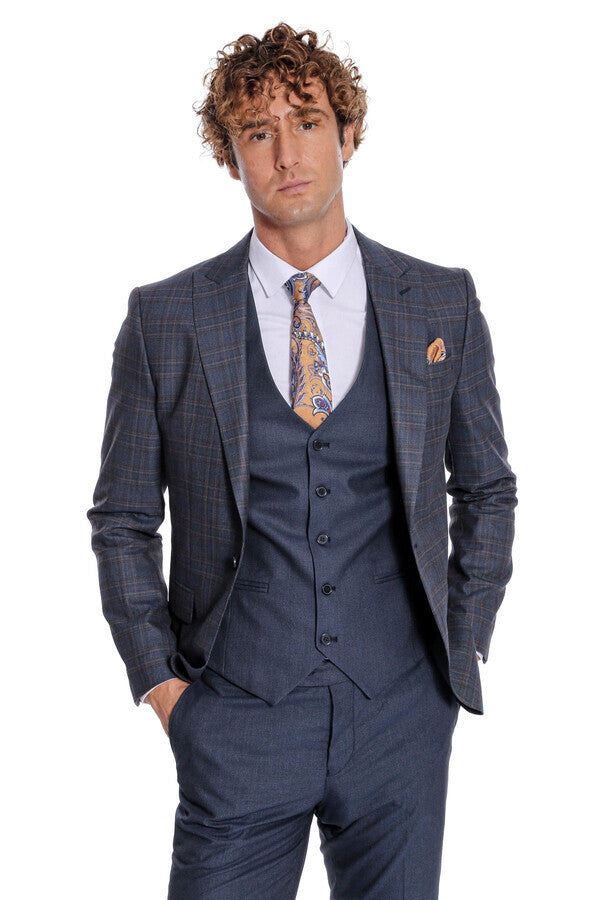 WSS Checked Slim Fit Navy Blue Men Suit  - Mansfield