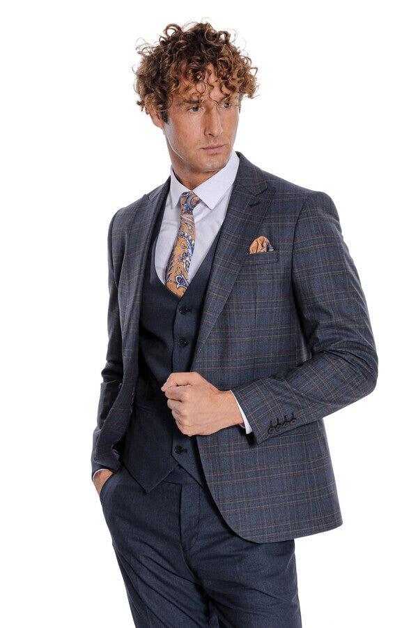 WSS Checked Slim Fit Navy Blue Men Suit  - Mansfield