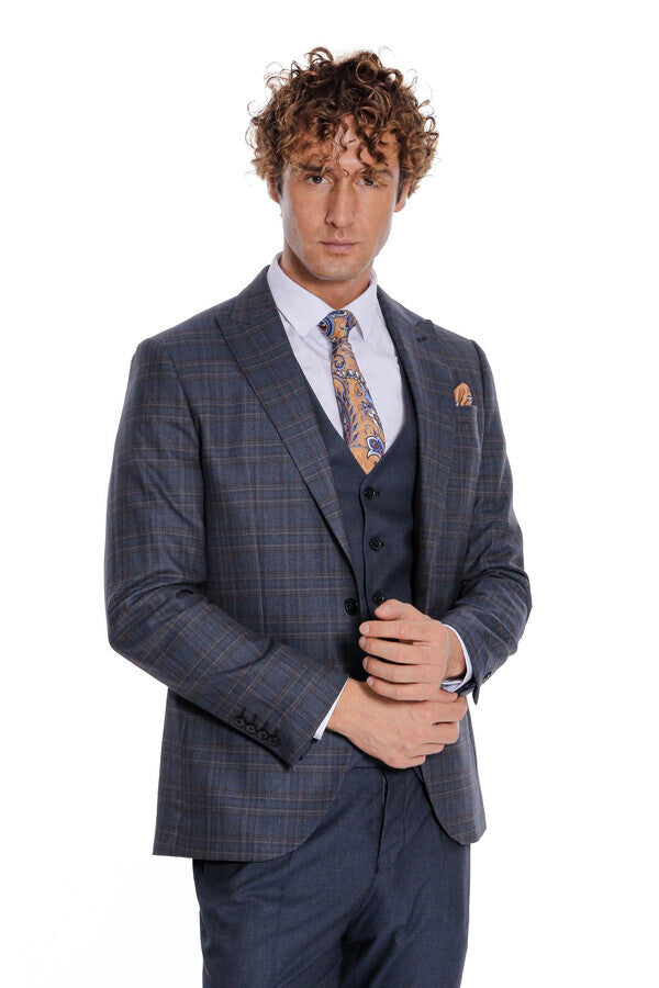 WSS Checked Slim Fit Navy Blue Men Suit  - Mansfield