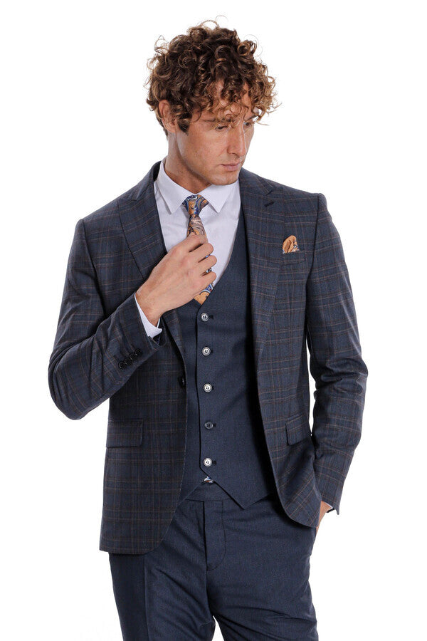 WSS Checked Slim Fit Navy Blue Men Suit  - Mansfield
