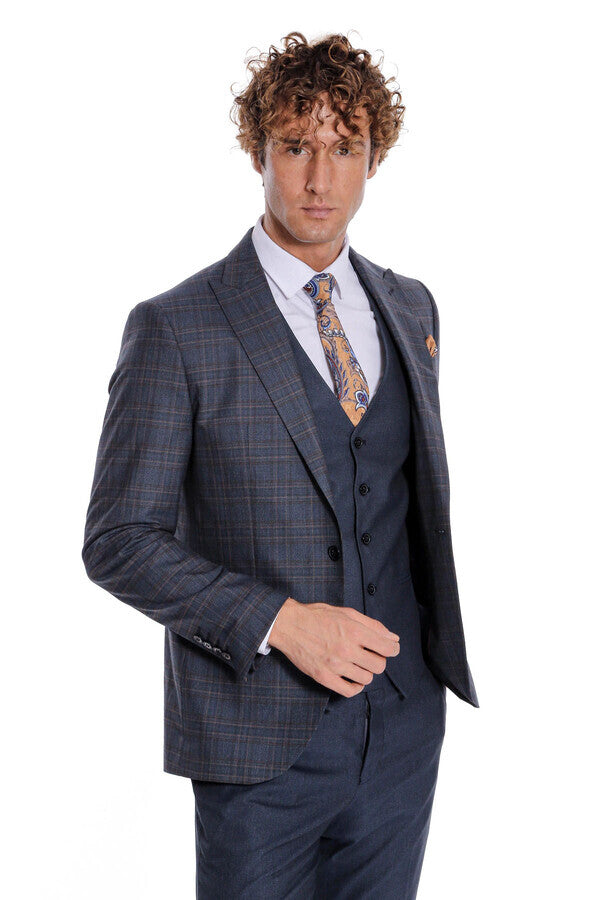 WSS Checked Slim Fit Navy Blue Men Suit  - Mansfield