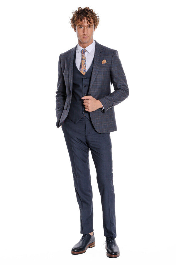 WSS Checked Slim Fit Navy Blue Men Suit  - Mansfield