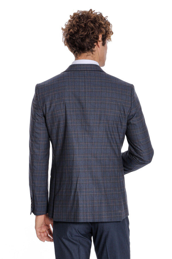 WSS Checked Slim Fit Navy Blue Men Suit  - Mansfield
