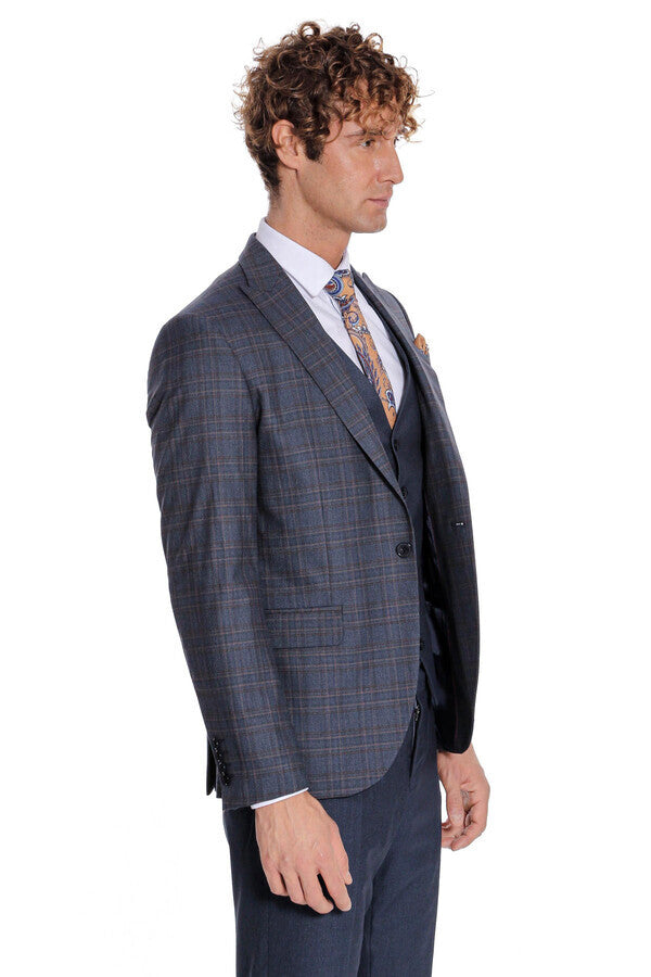 WSS Checked Slim Fit Navy Blue Men Suit  - Mansfield