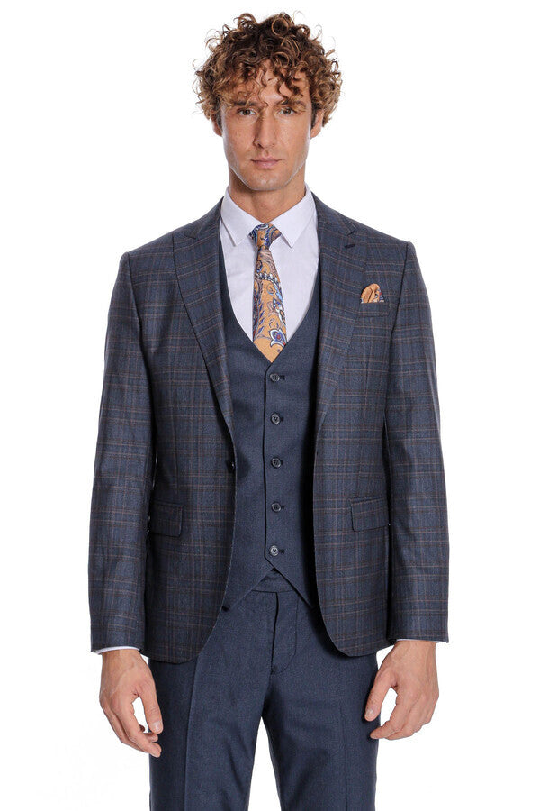 WSS Checked Slim Fit Navy Blue Men Suit  - Mansfield