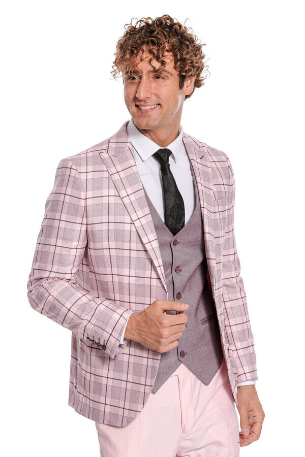WSS Checked Slim Fit Pink Men Suit  - Wesseling