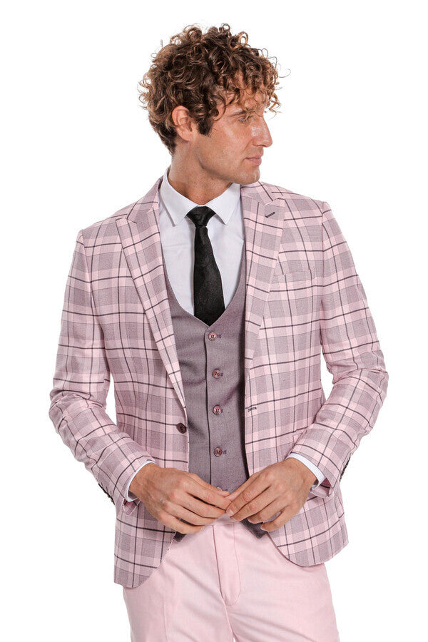 WSS Checked Slim Fit Pink Men Suit  - Wesseling