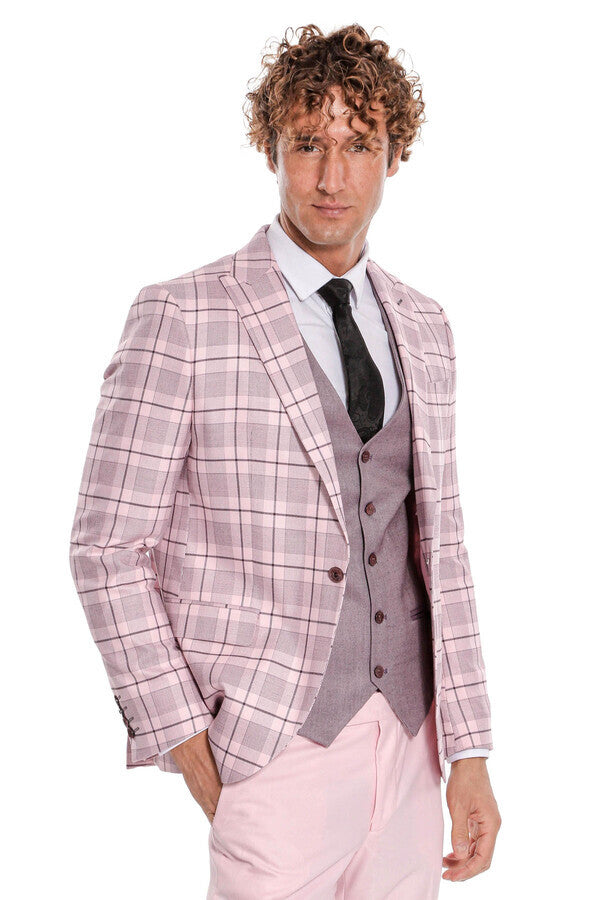 WSS Checked Slim Fit Pink Men Suit  - Wesseling