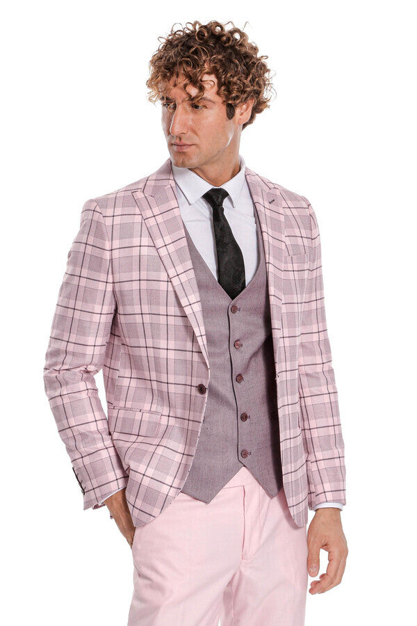 WSS Checked Slim Fit Pink Men Suit  - Wesseling