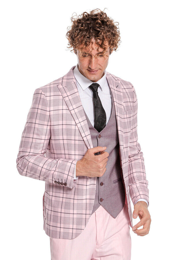 WSS Checked Slim Fit Pink Men Suit  - Wesseling