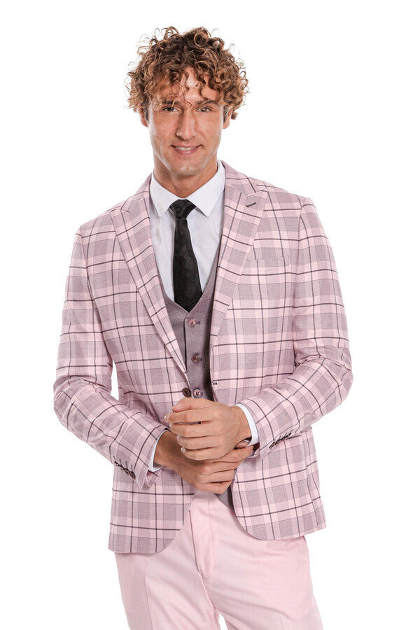 WSS Checked Slim Fit Pink Men Suit  - Wesseling