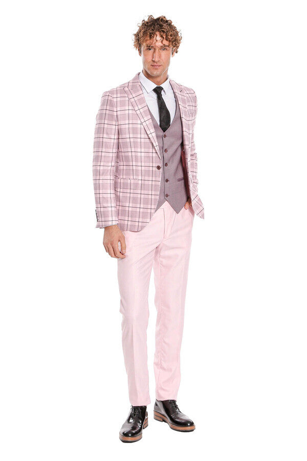 WSS Checked Slim Fit Pink Men Suit  - Wesseling