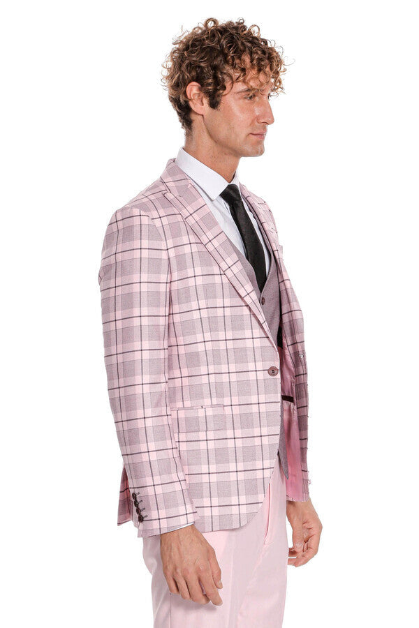 WSS Checked Slim Fit Pink Men Suit  - Wesseling