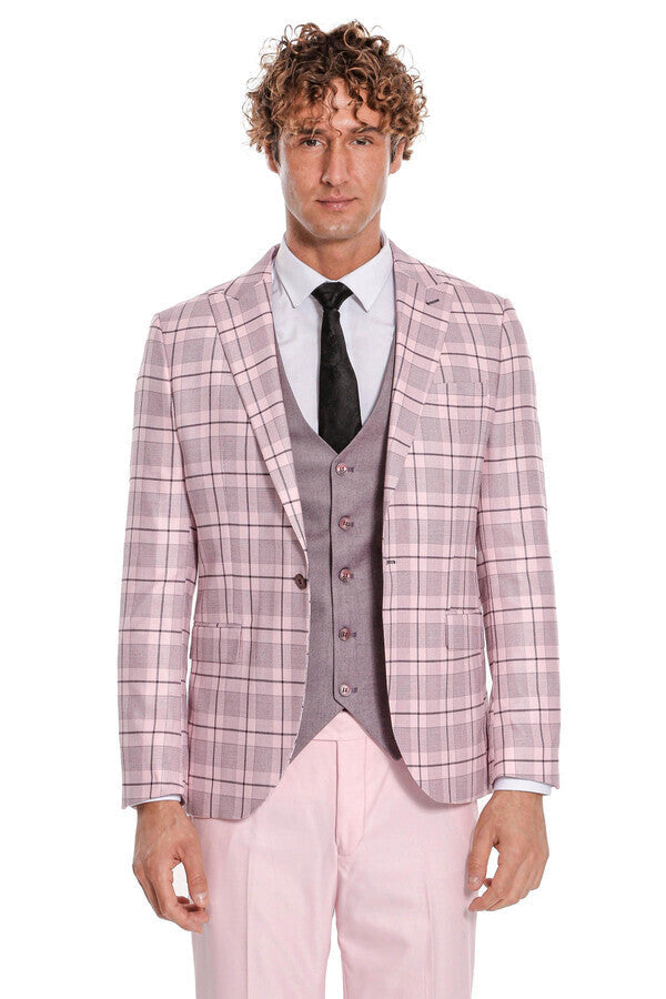 WSS Checked Slim Fit Pink Men Suit  - Wesseling