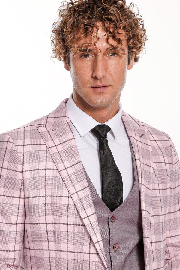 WSS Checked Slim Fit Pink Men Suit  - Wesseling