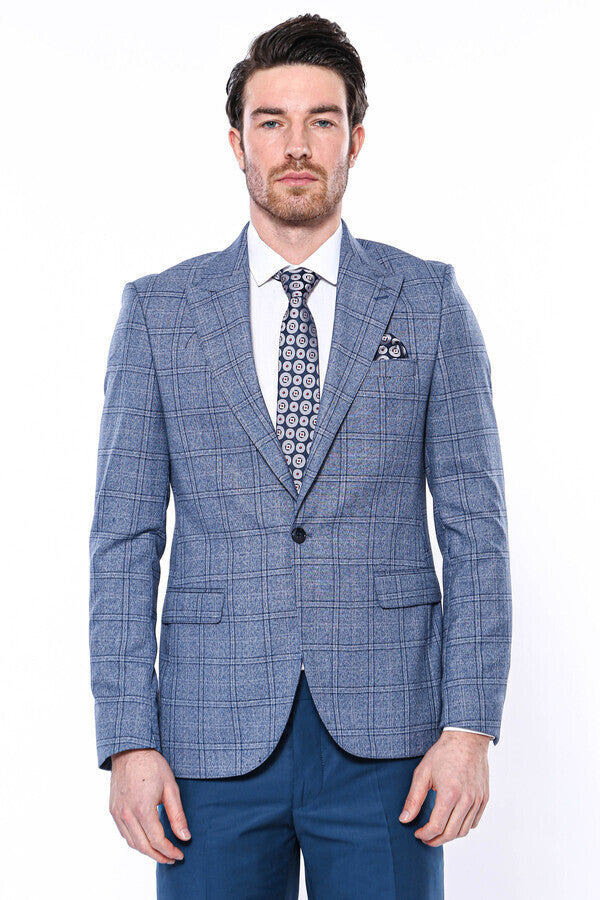 WSS Checked Slim-Fit Single Button Blue Men Blazer  - Bridlington