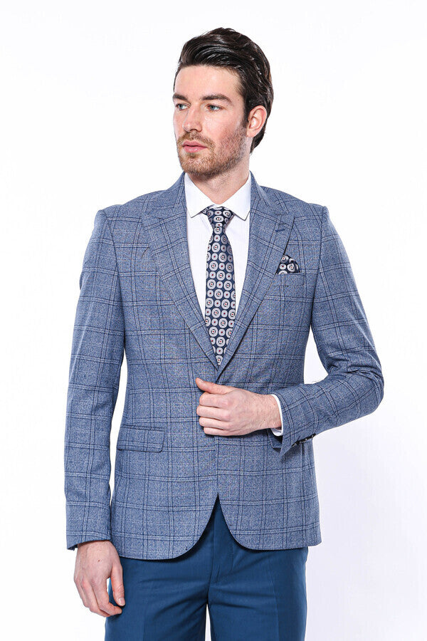 WSS Checked Slim-Fit Single Button Blue Men Blazer  - Bridlington