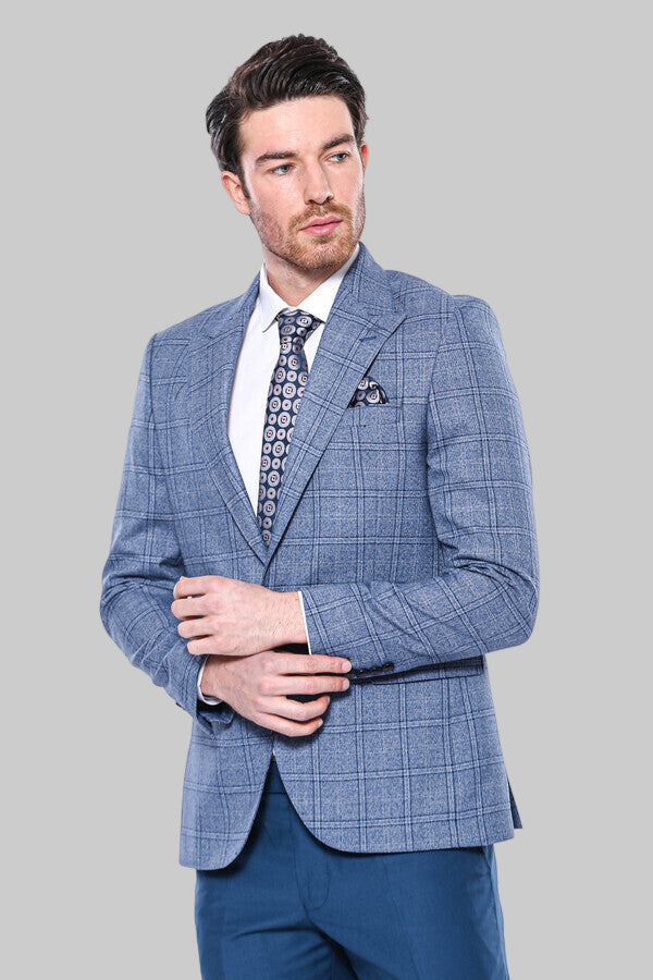 WSS Checked Slim-Fit Single Button Blue Men Blazer  - Bridlington