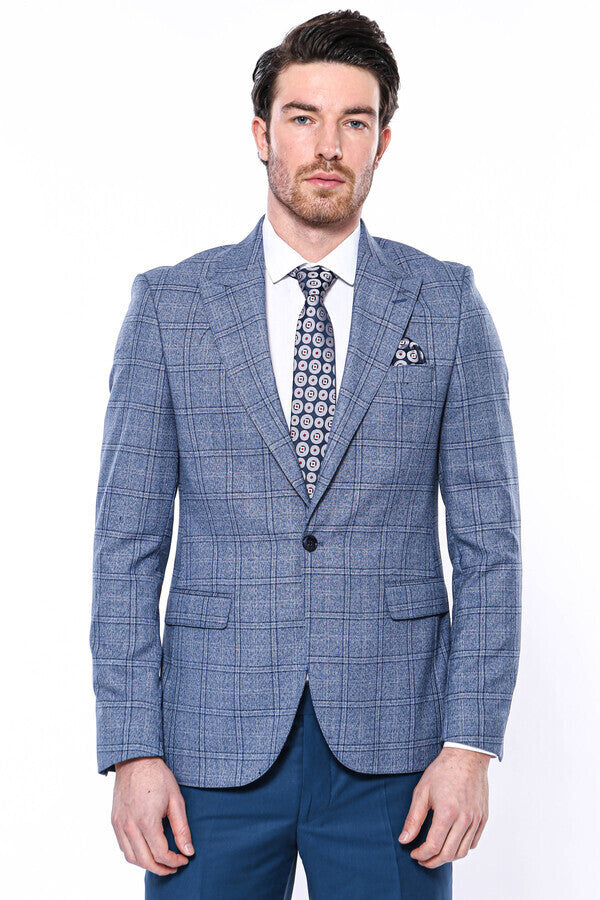 WSS Checked Slim-Fit Single Button Blue Men Blazer  - Bridlington