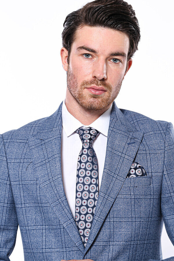 WSS Checked Slim-Fit Single Button Blue Men Blazer  - Bridlington