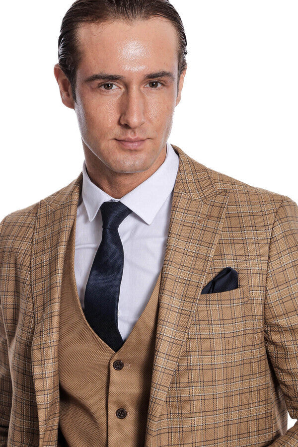 WSS Checked Slim Fit Tan Men Suit  - Copperas Cove