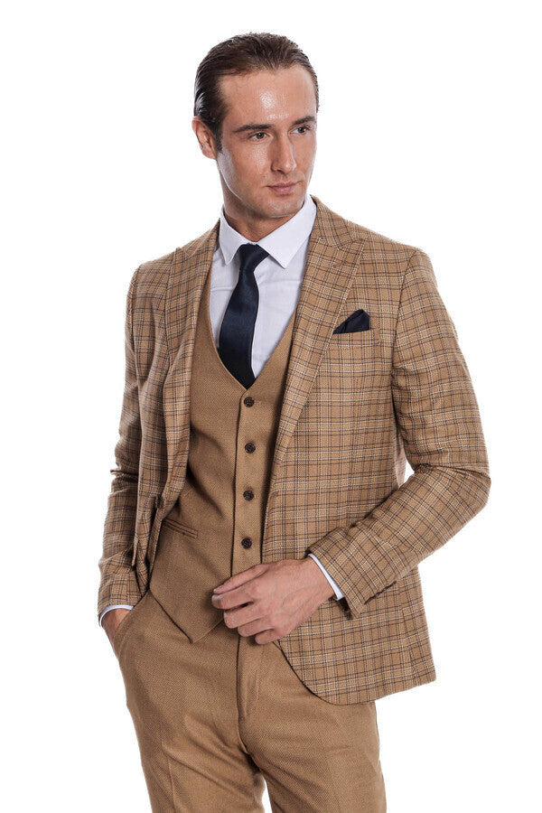 WSS Checked Slim Fit Tan Men Suit  - Copperas Cove