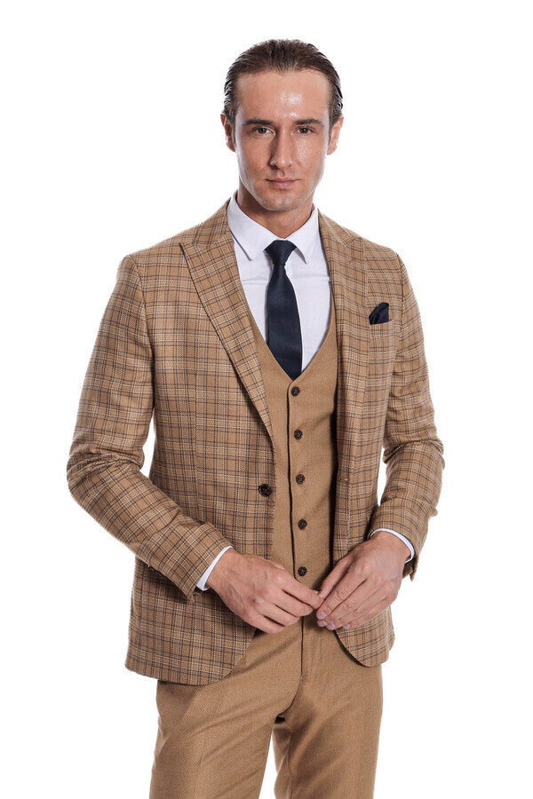 WSS Checked Slim Fit Tan Men Suit  - Copperas Cove