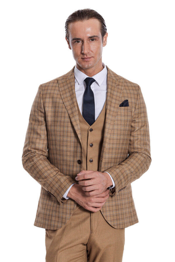 WSS Checked Slim Fit Tan Men Suit  - Copperas Cove