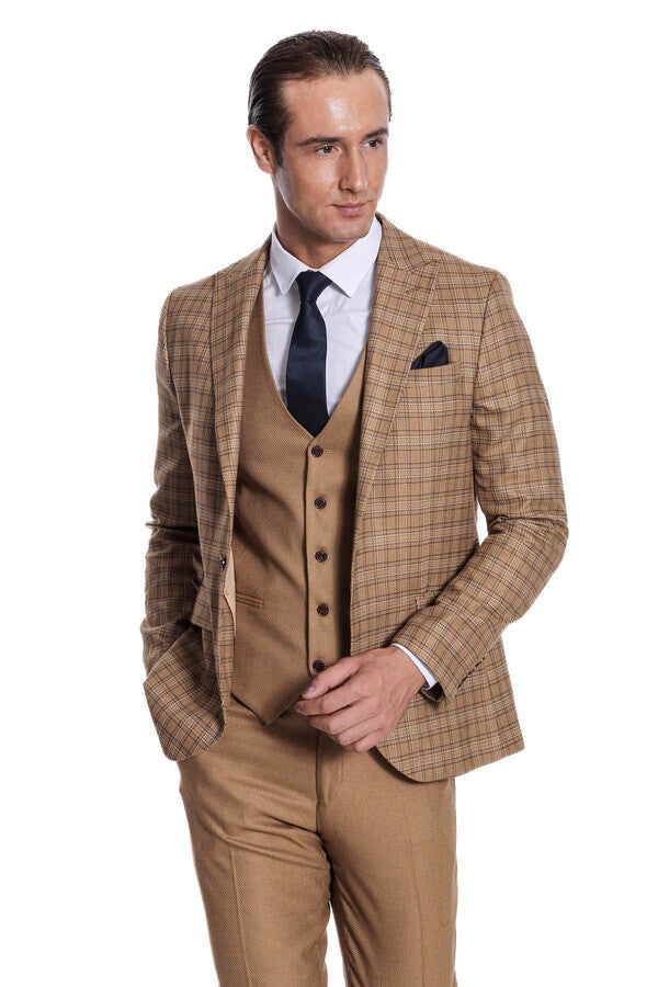 WSS Checked Slim Fit Tan Men Suit  - Copperas Cove