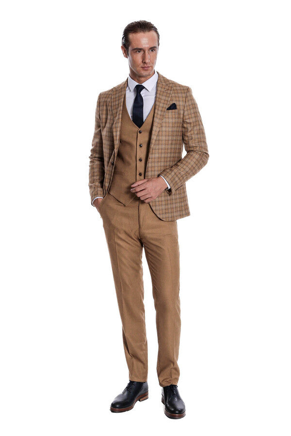WSS Checked Slim Fit Tan Men Suit  - Copperas Cove
