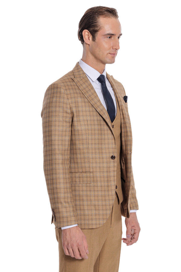 WSS Checked Slim Fit Tan Men Suit  - Copperas Cove