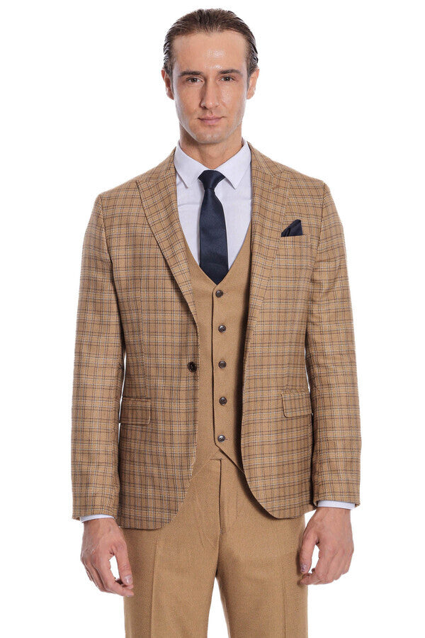 WSS Checked Slim Fit Tan Men Suit  - Copperas Cove