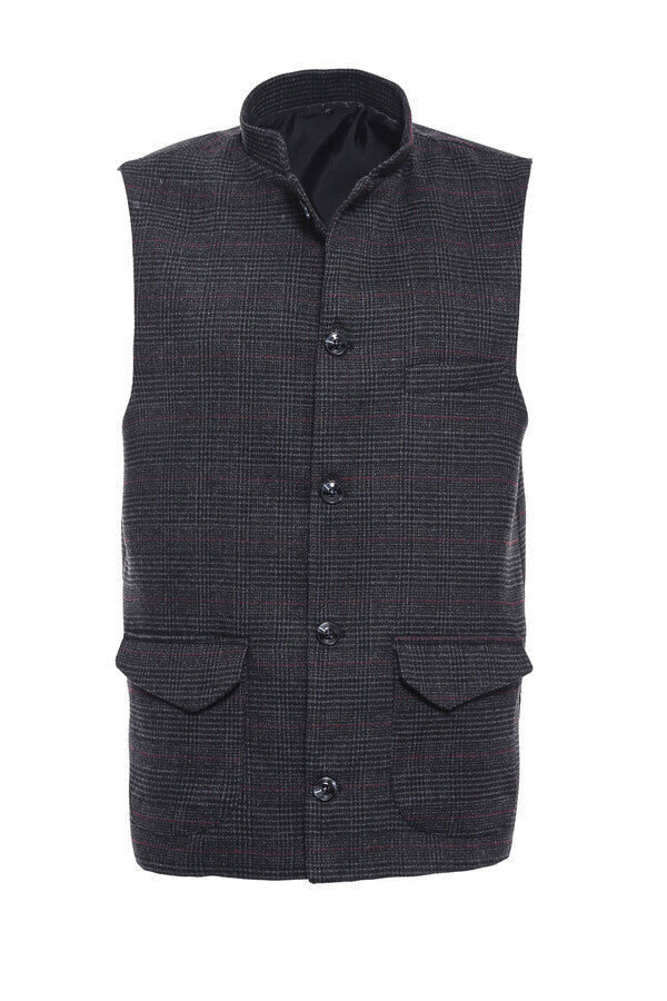 WSS Checked Standing Collar Cachet Black Men Vest  - Singen