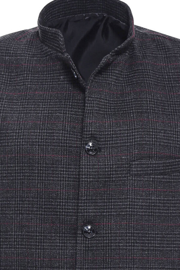 WSS Checked Standing Collar Cachet Black Men Vest  - Singen