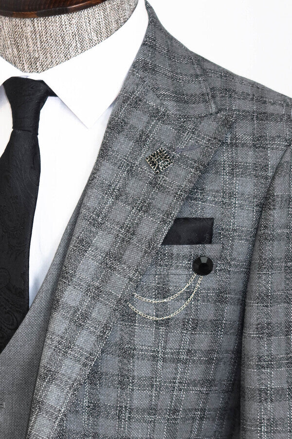 WSS Checked Vested Grey Men Suit  - Charlottetown