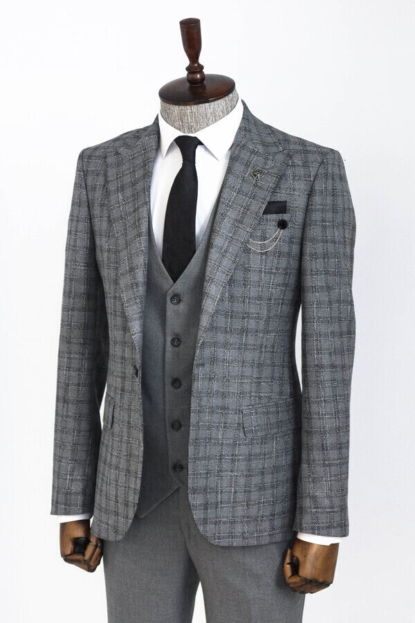 WSS Checked Vested Grey Men Suit  - Charlottetown