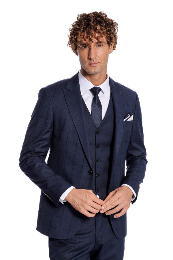 WSS Checked Vested Slim Fit Navy Blue Men Suit  - Gennevilliers