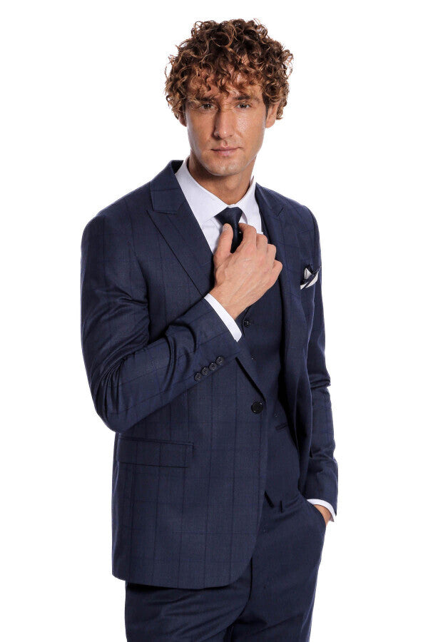WSS Checked Vested Slim Fit Navy Blue Men Suit  - Gennevilliers