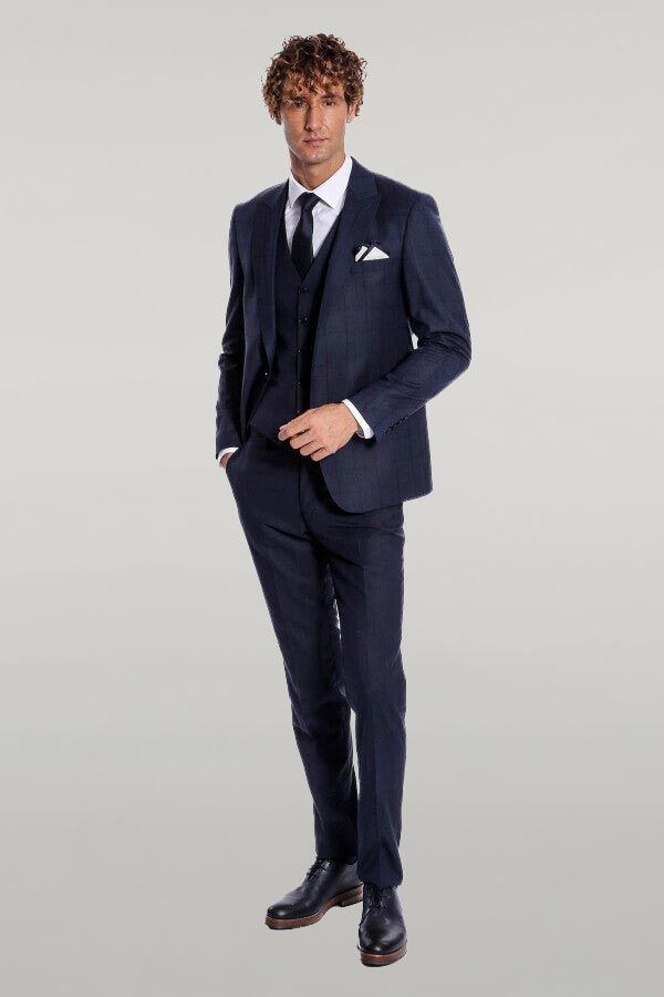 WSS Checked Vested Slim Fit Navy Blue Men Suit  - Singen
