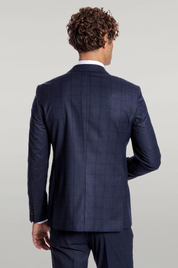 WSS Checked Vested Slim Fit Navy Blue Men Suit  - Singen