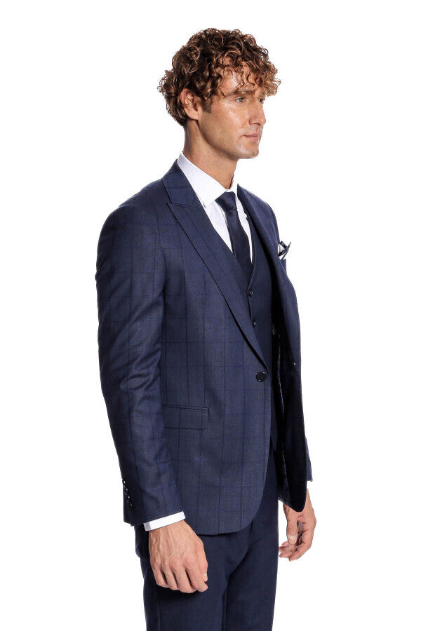 WSS Checked Vested Slim Fit Navy Blue Men Suit  - Gennevilliers