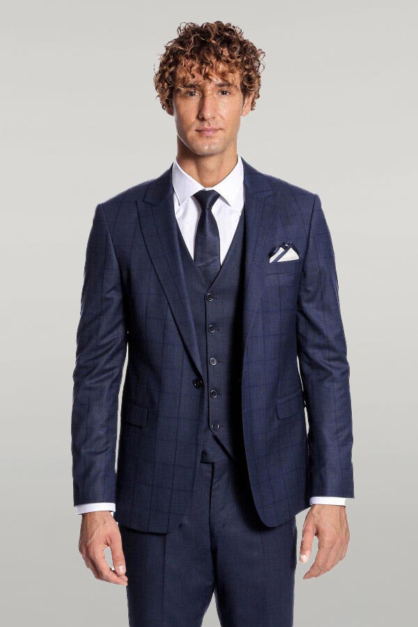 WSS Checked Vested Slim Fit Navy Blue Men Suit  - Singen