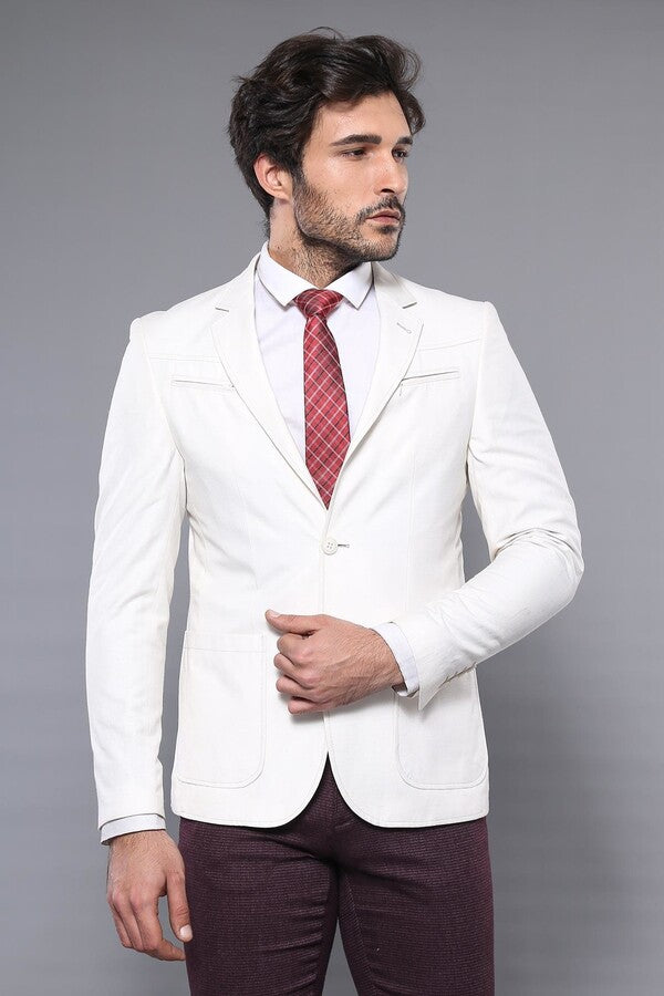 WSS Chest Zippered Detail Cream Linen Jacket  - Baia Mare