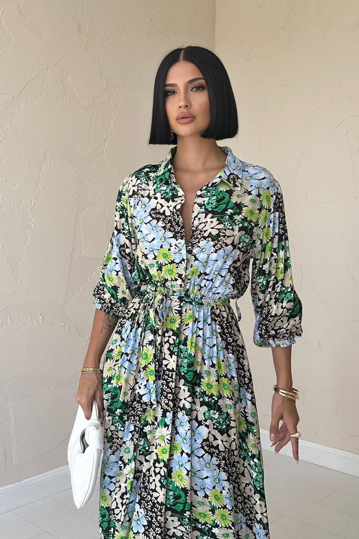 ELS Floral Patterned Belted Dress - Green - Como
