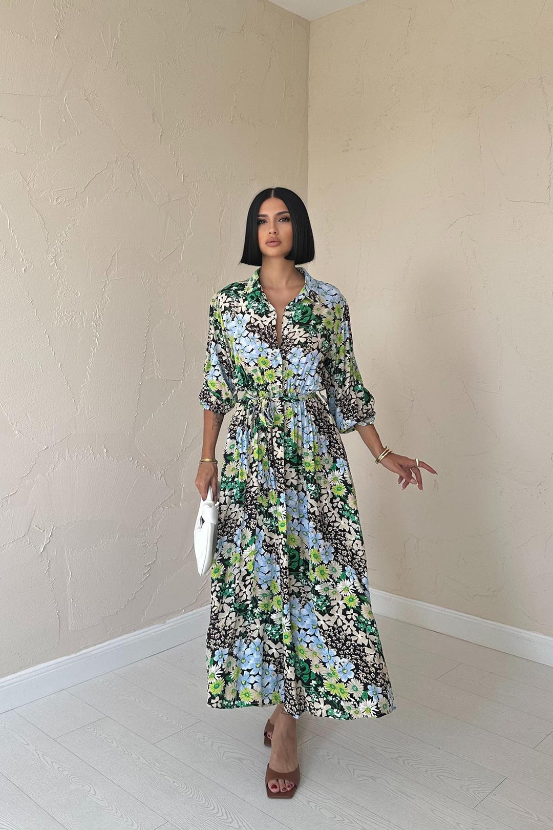 ELS Floral Patterned Belted Dress - Green - Como