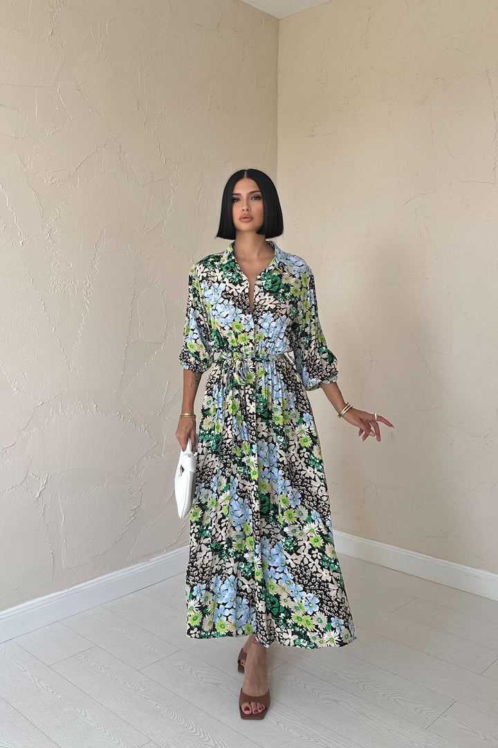ELS Floral Patterned Belted Dress - Green - Como