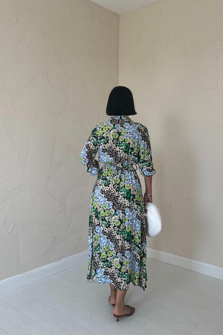 ELS Floral Patterned Belted Dress - Green - Como